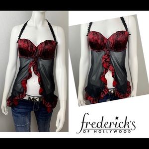 Fredericks Satin Mesh Babydoll Ruffle Halter